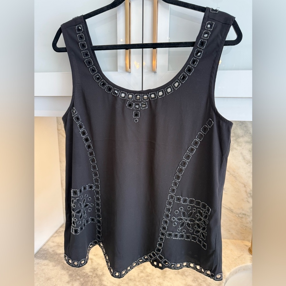 NWOT RETROD Black Beaded Cutout Tank Top | Chic Boho Luxe Embellished Blouse